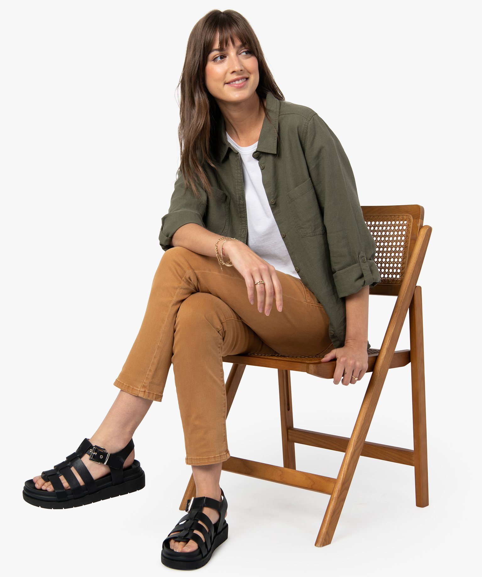 Chemise femme unie en lin et viscose kaki | GEMO