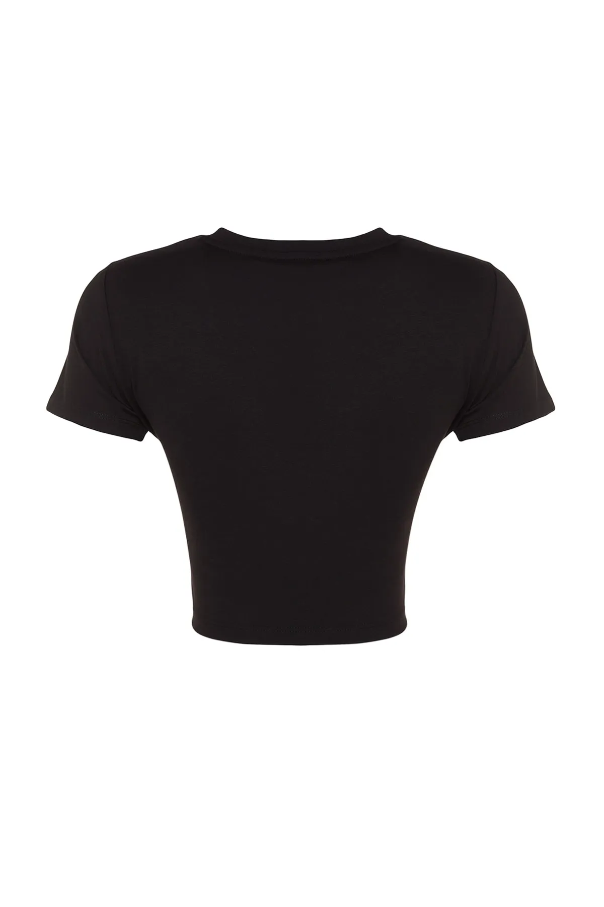 Trendyol Collection  Schwarzes, mit Steinen bedrucktes, kurz geschnittenes, dehnbares Strick-T-Shirt aus Baumwolle mit Rundhalsausschnitt und Rundhalsausschnitt TWOSS23TS00128