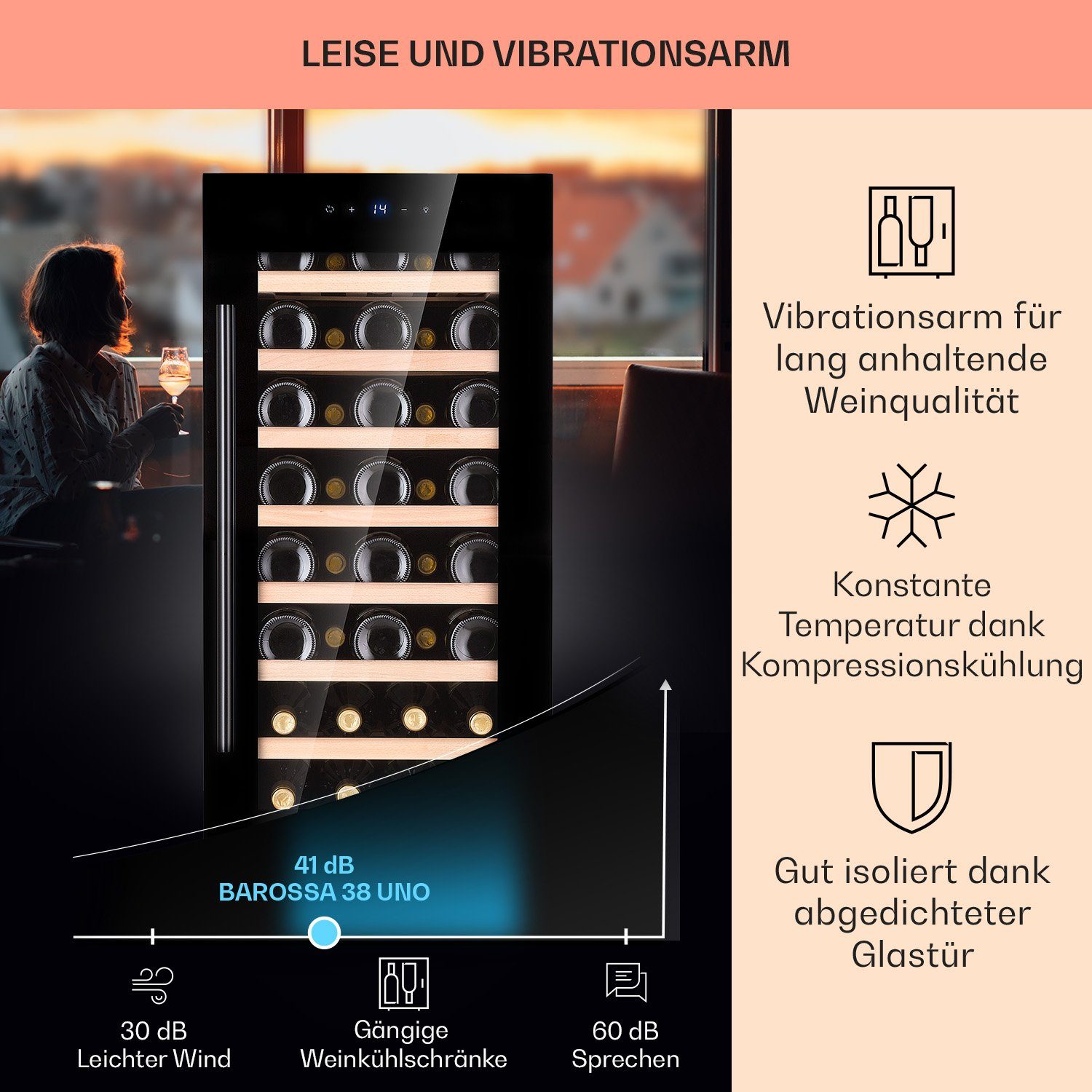 Klarstein Weinkühlschrank Barossa 38 Uno, für 38 Standardflaschen á 0,75l,Wein Flaschenkühlschrank Weintemperierschrank Weinschrank Kühlschrank
