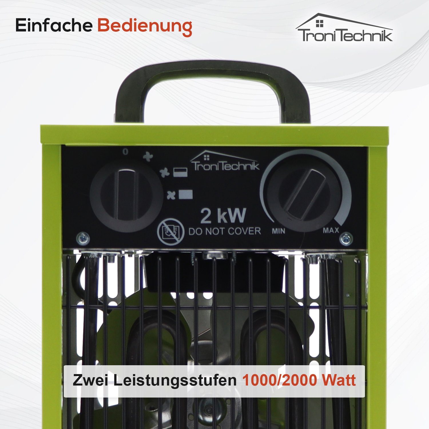 TroniTechnik Heizlüfter Industrieheizung, Heizgerät, Schnellheizer TT-EIH-152,Stahlheizelement, 2000 W, zwei Heizstufen, Überhitzungsschutz und Abschaltautomatik, Thermostat