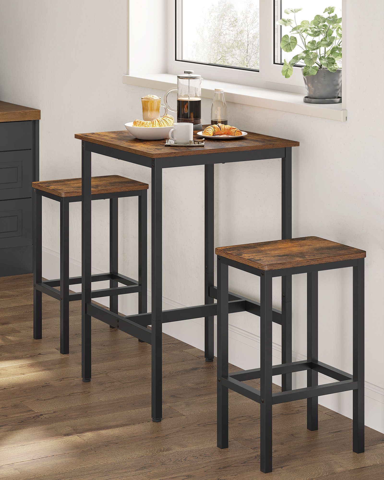 VASAGLE Bartisch Bartisch-Set, Esstisch(60 x 60 x 90 cm) mit 2 Barhochern