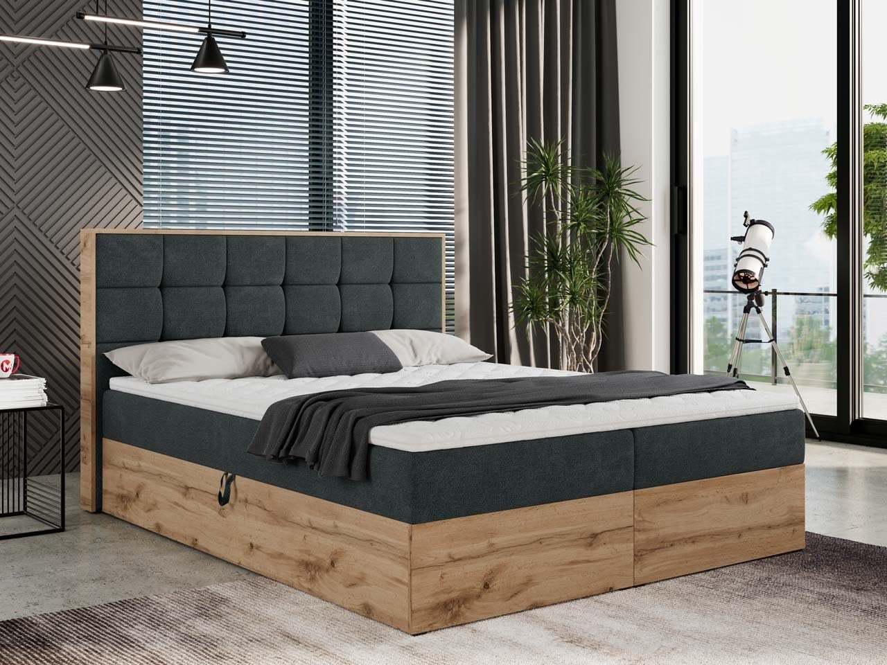 MKS MÖBEL Boxspringbett ALBERO 1, Doppelbett, Multipocket-Matratze, Eiche Holzrahmen, Praktisch