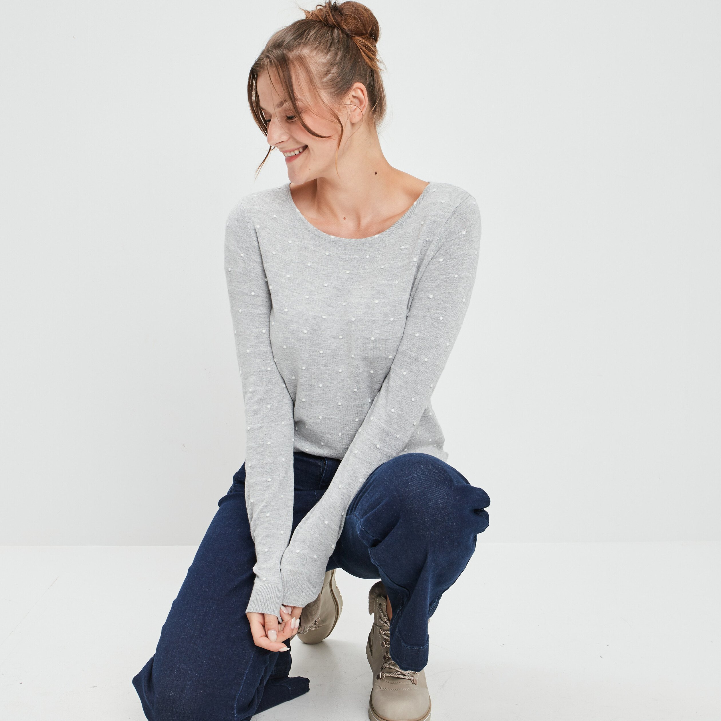 Pull avec col rond gris clair femme | La Halle