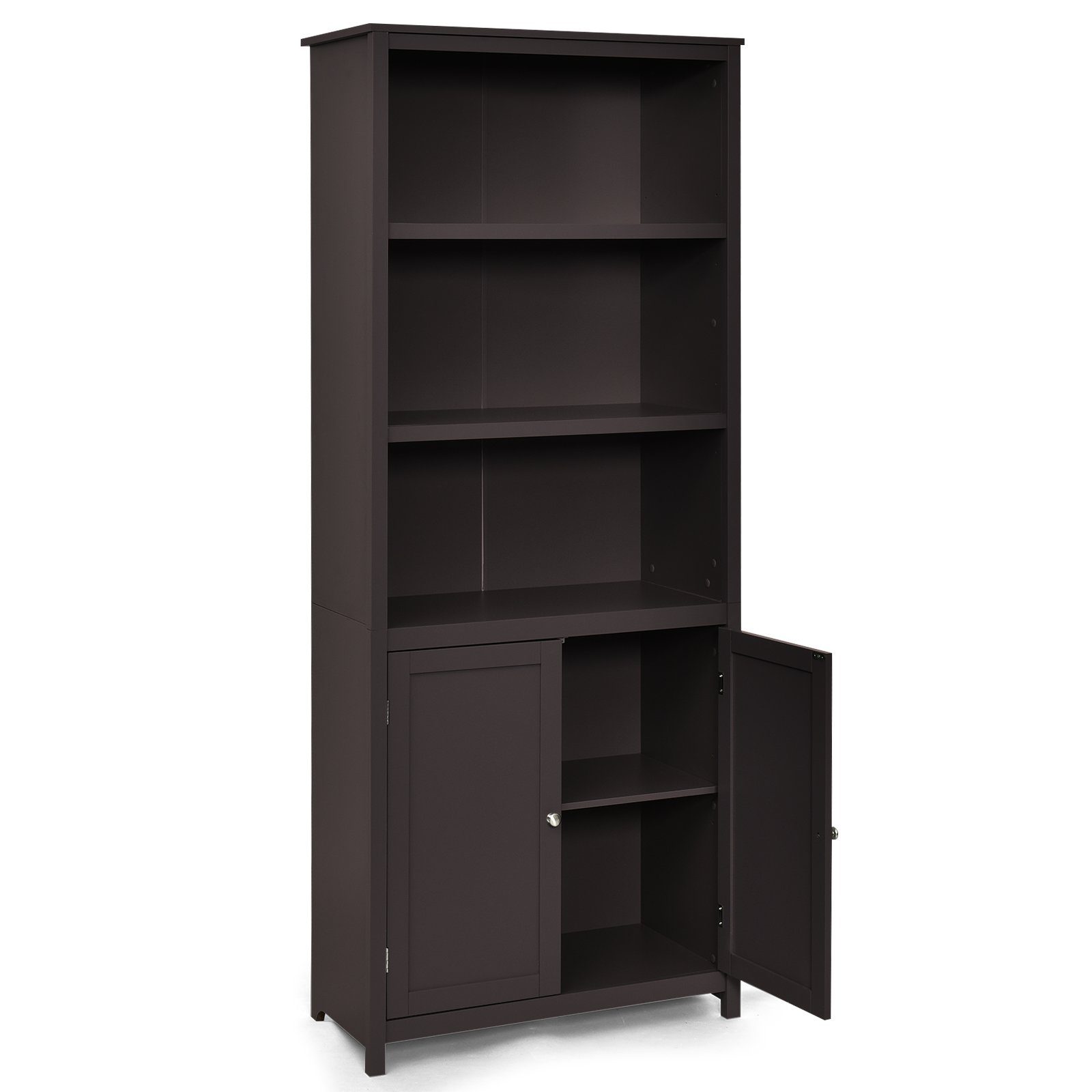 COSTWAY Bücherregal, mit Türen & Schrank, 3 offene Regale, 74,5x35,5x181,5 cm