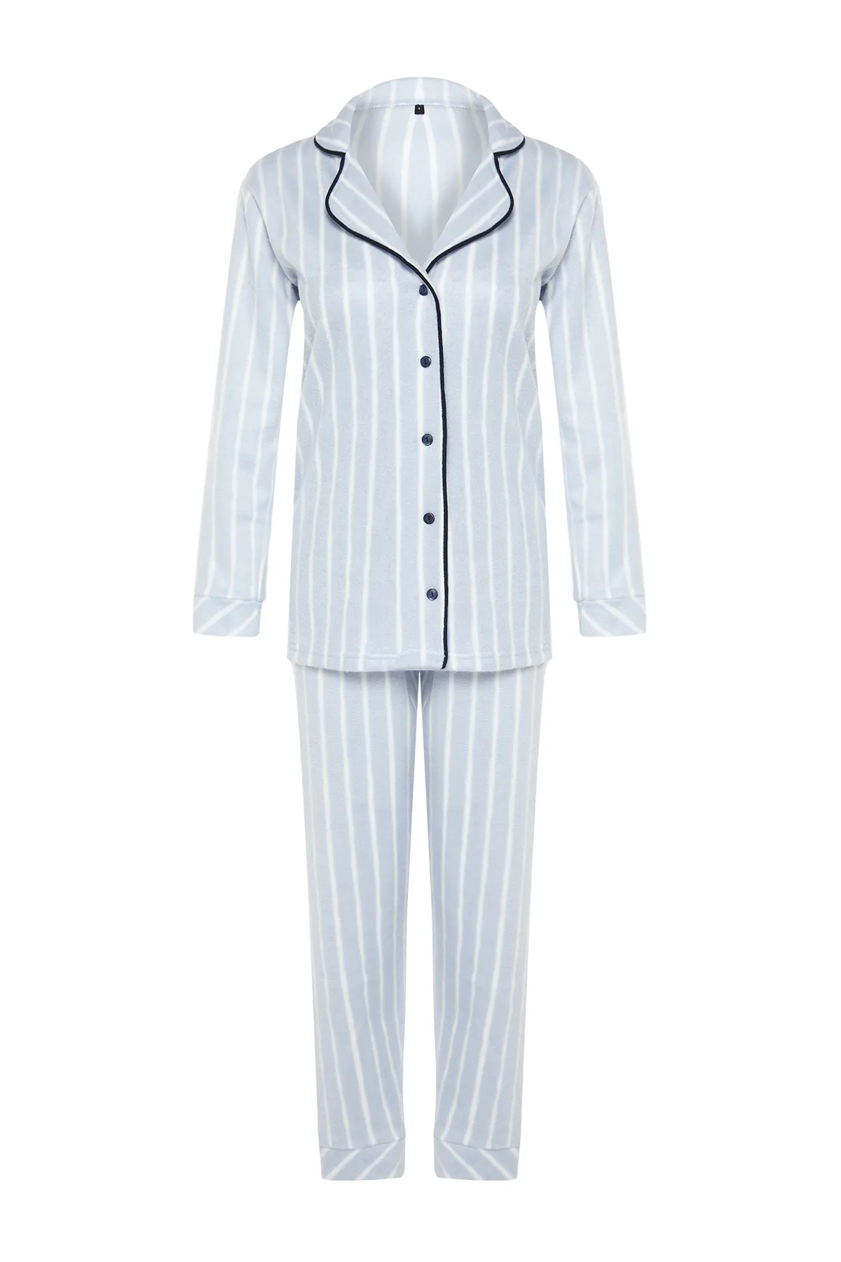 Trendyol Collection  Blau gestreiftes, mit Paspeln versehenes, detailliertes Schlafband-Strickpyjama-Set THMAW22PT0360