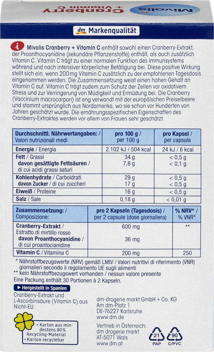 Cranberry + Vitamin C Kapseln, 60 St, 68 g