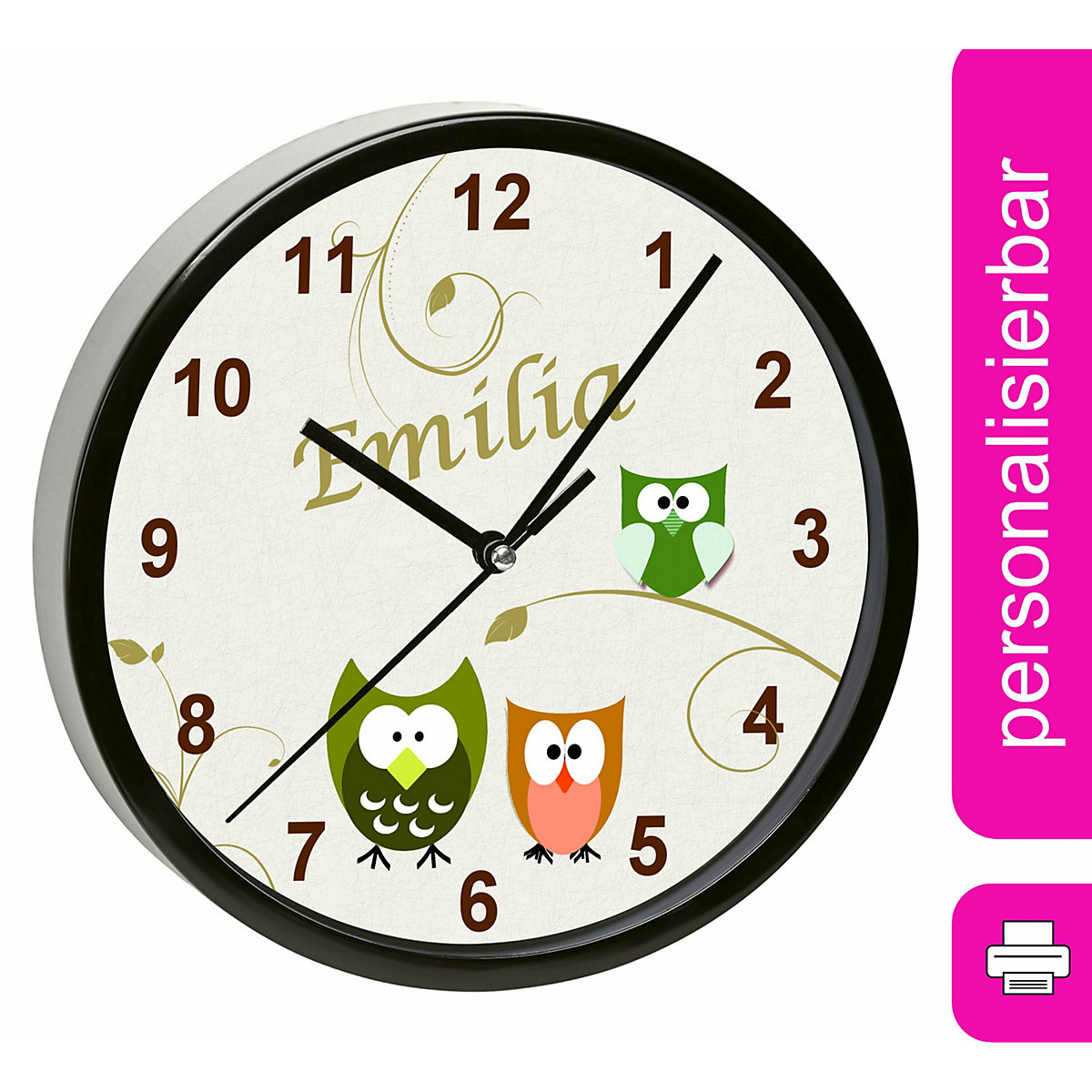Kinder Wanduhr personalisiert mit Name Eule beige grün orange