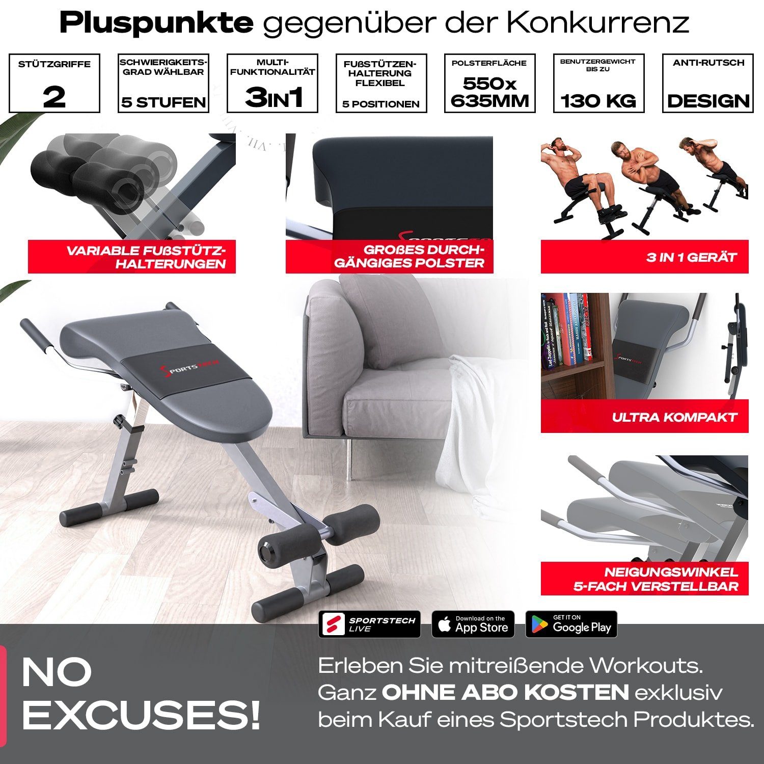 Sportstech Hantelbank BRT200, Gesund&Fit 6in1 Rückentrainer & Bauchtrainer