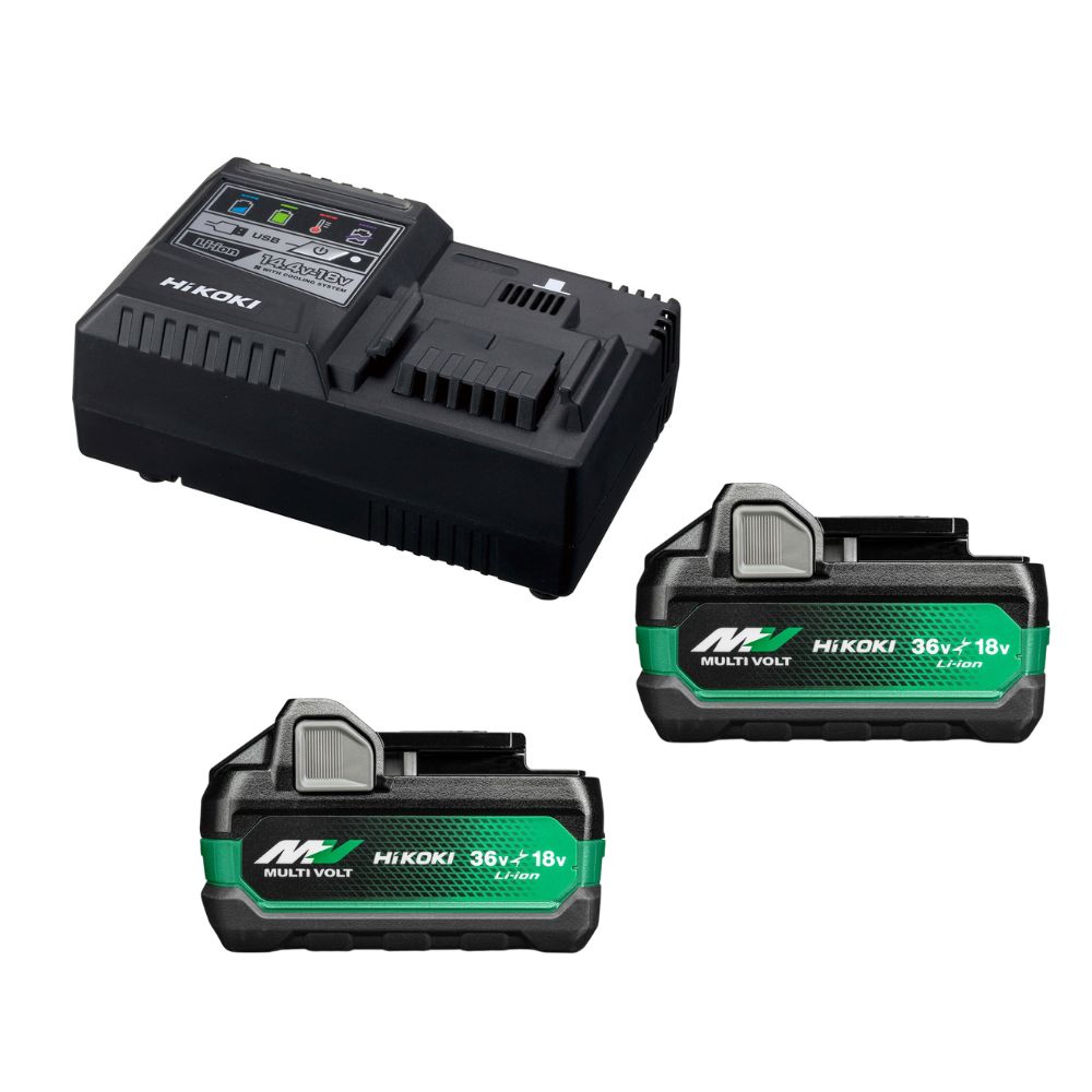 HiKOKI Tilbehør UC18YSL3WHZ BoosterPack - 2 x BSL36A18X Multivolt Batteri 36V 2.5Ah/ 18V 5.0Ah Li-Ion + UC18YSL Hurtigoplader