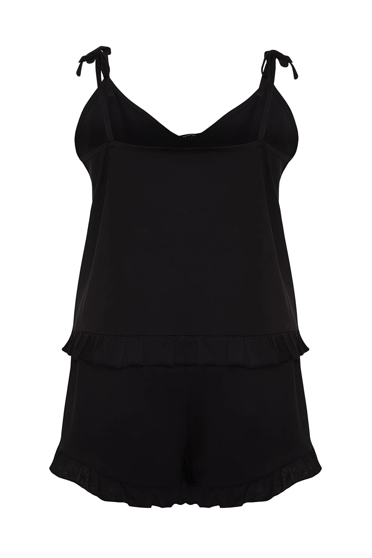 Trendyol Curve  Schwarzes Pyjama-Set aus Strick mit Trägern und Rüschendetail TBBSS22PT0564