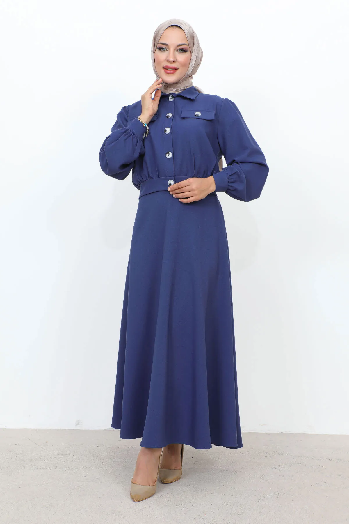 Tesettür Dünyası  Anzug mit geraffter Taille und Taschenrock TSD231201 Indigo