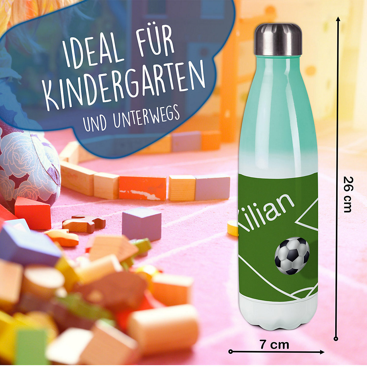 Edelstahl Kinder Thermoflasche / Trinkflasche bunt Fußball Spülmaschinenfest, Auslaufsicher, Bruchfest, Doppelwandig, Für Heißgetränke geeignet, Mit Deckel, Isoliert