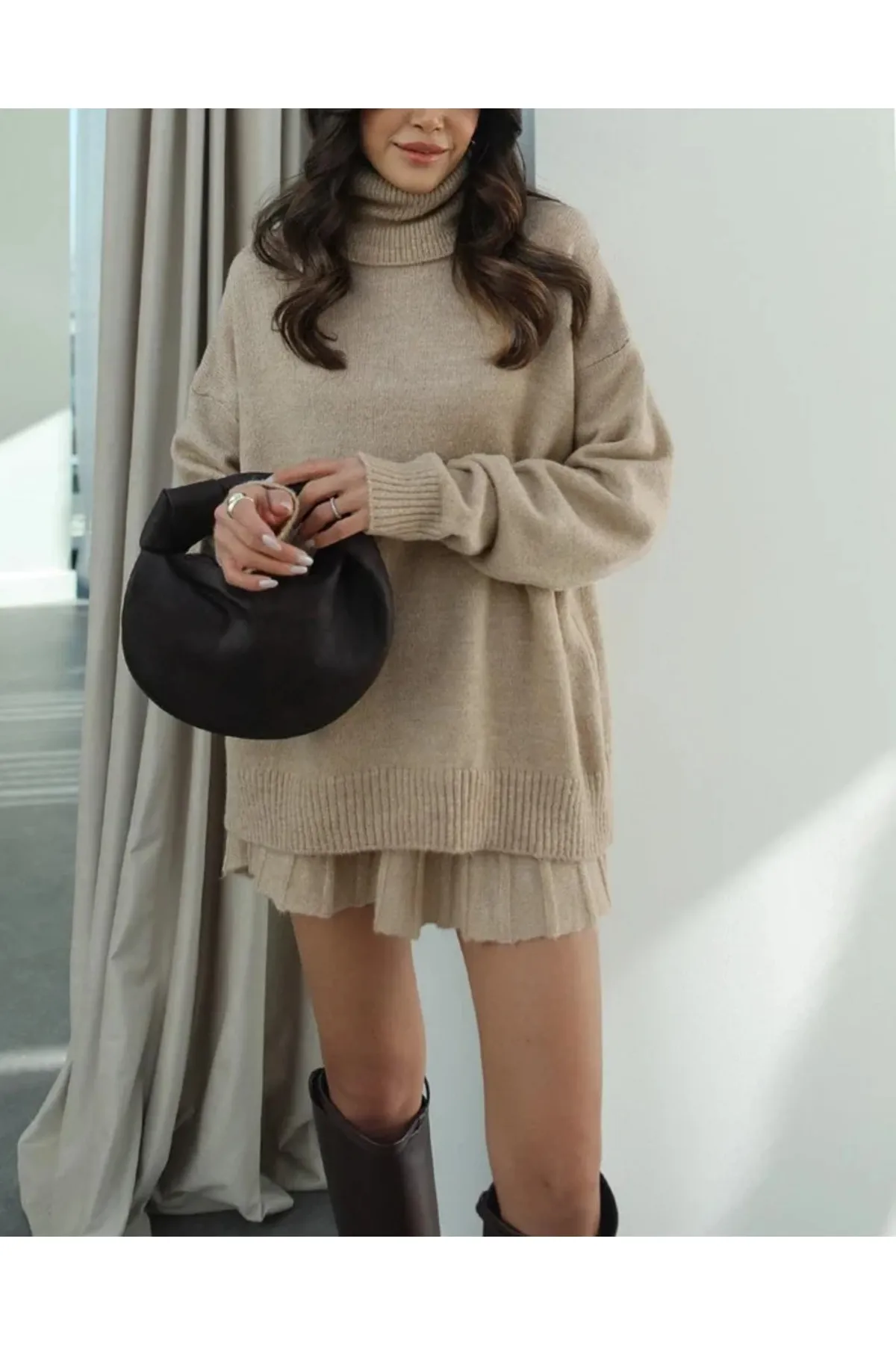 My Blog  Kamelfarbenes, plissiertes Strickrock-Pullover-Set mit hohem Bund für Damen