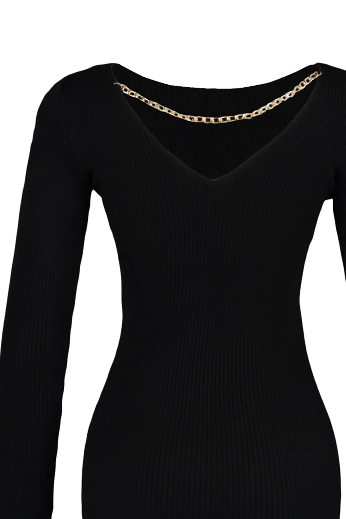 Trendyol Collection  Schwarzes, figurbetontes Midi-Strickkleid mit Rückendetail TWOAW23EL00030