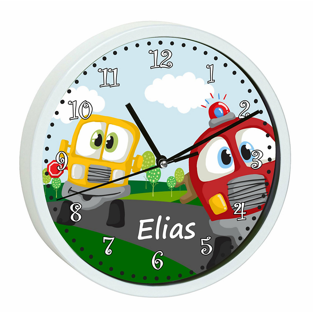 Kinder Wanduhr personalisiert mit Name Auto-Cartoon