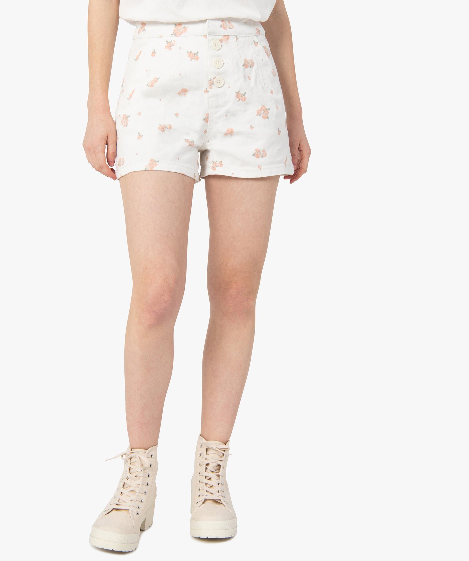 Short femme taille haute à motifs fleuris ecru | GEMO