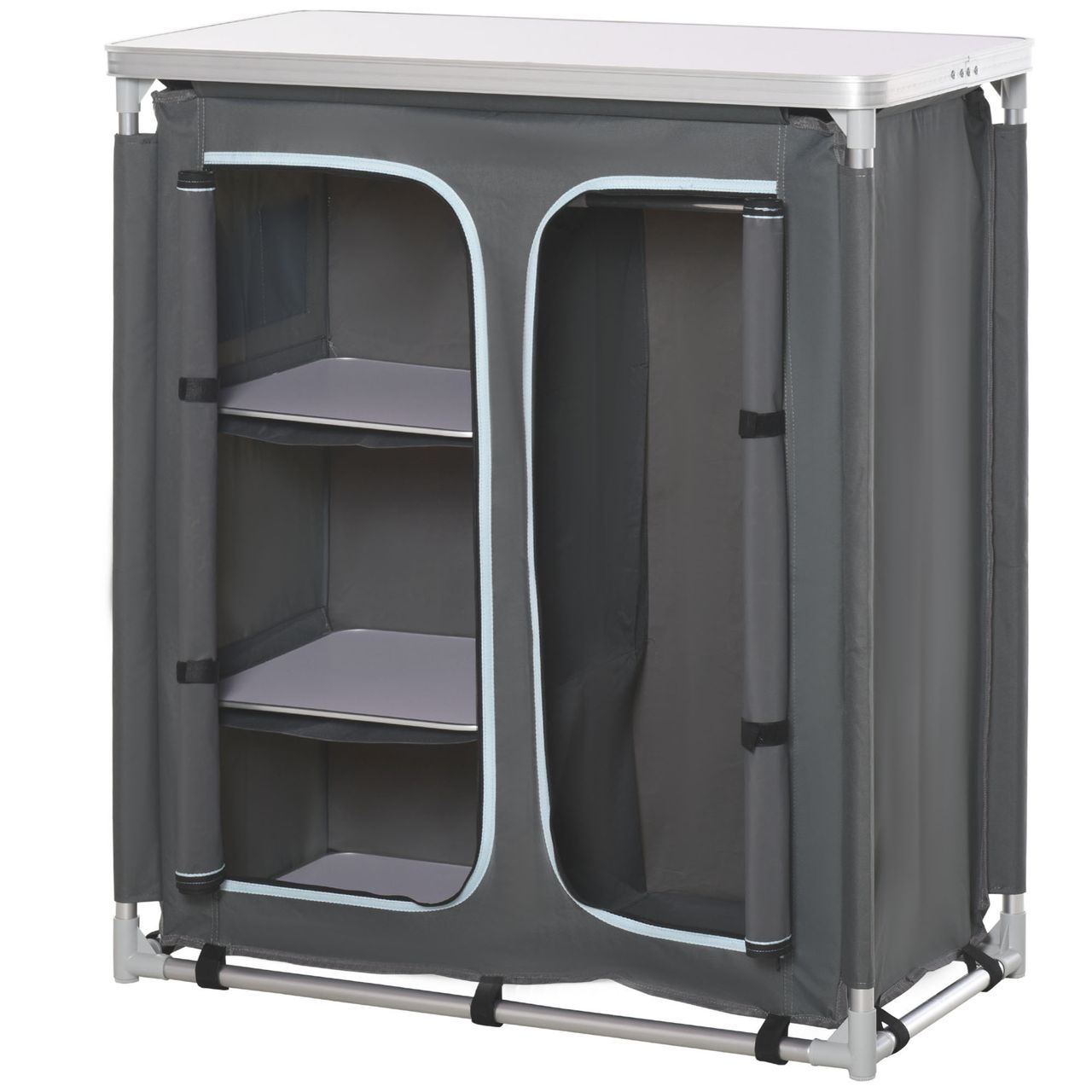 Outsunny Campingschrank Küchenbox tragbar mit Arbeitsplatte Tragetasche 3 Ablagen 1 Schrank Grau 96 x 49,5 x 104 cm