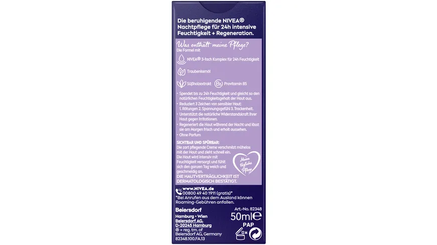 NIVEA Beruhigende Nachtpflege 24h Feuchtigkeit + Regeneration Sensible Haut Tube 50 ml