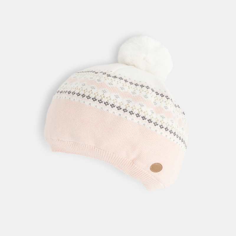 Béret maille tricot jacquard rose bébé fille