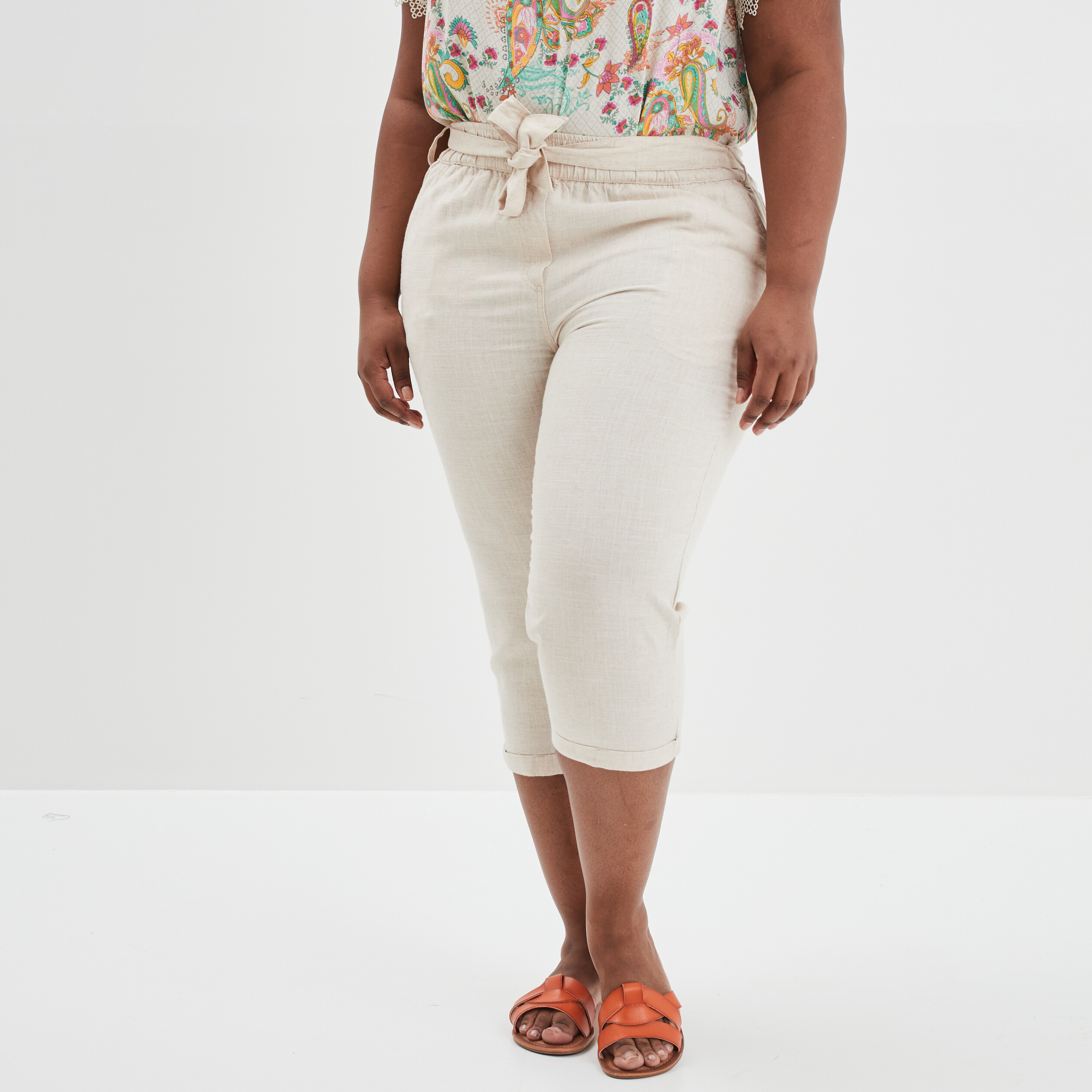 Pantacourt droit ceinturé mélange de lin beige femme grande taille | La Halle