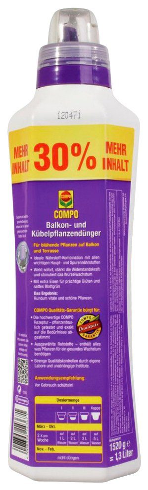 Compo Pflanzendünger, Balkon- und Kübelpflanzendünger 1,3 Liter
