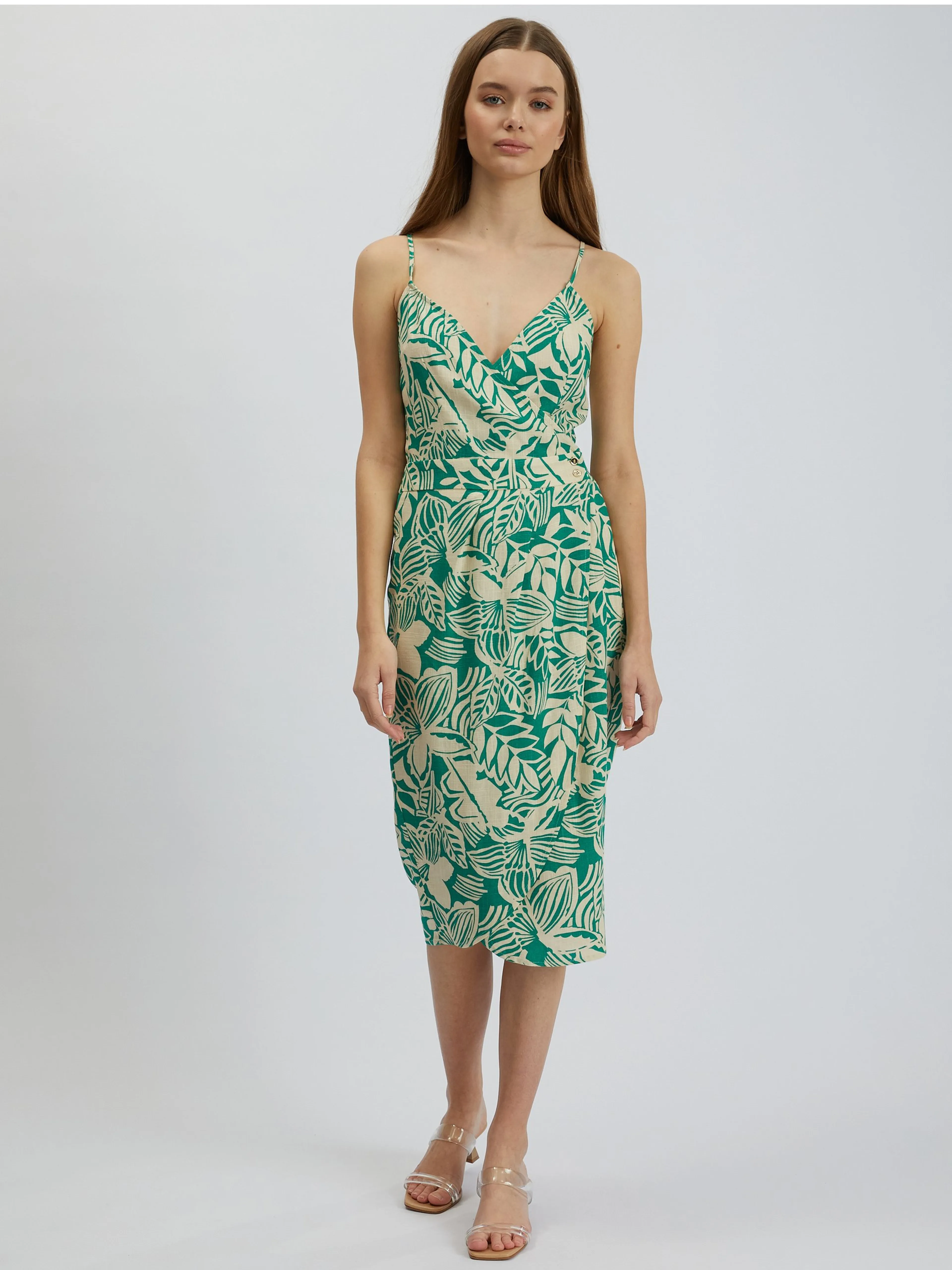 Cremefarbenes und grünes gemustertes Damen-Midikleid aus Leinen ORSAY