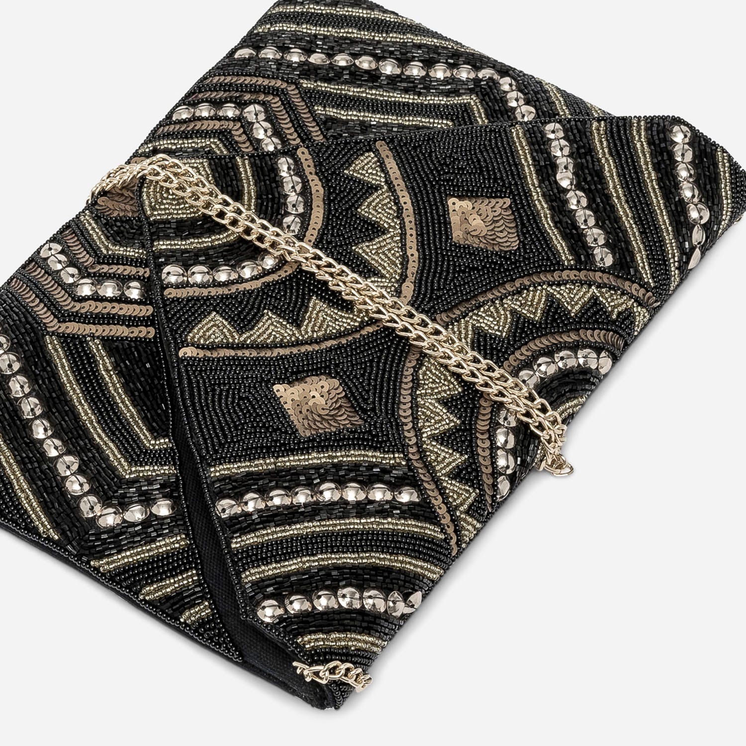 Sac pochette TEXTO noire textile brodé
