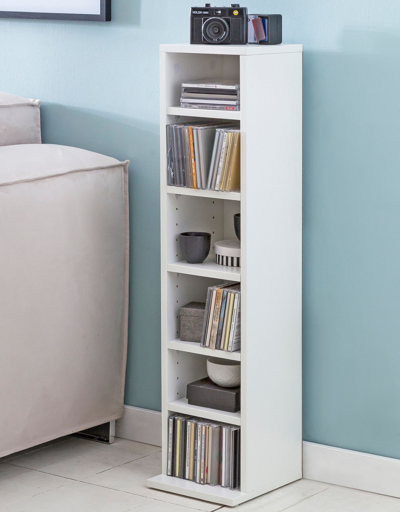 Wohnling CD-Regal WL5.836, 21x90x20 cm, Offenes Bücherregal Schmal Weiß, CD Aufbewahrung Klein, Nischenregal 6 Fächer