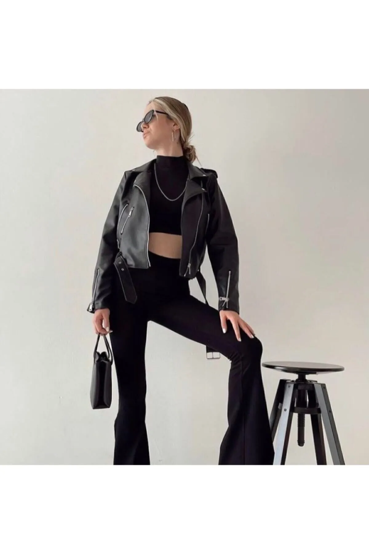 Haziran  Schwarze Damen-Lederjacke mit Reißverschluss und detailliertem Reißverschluss