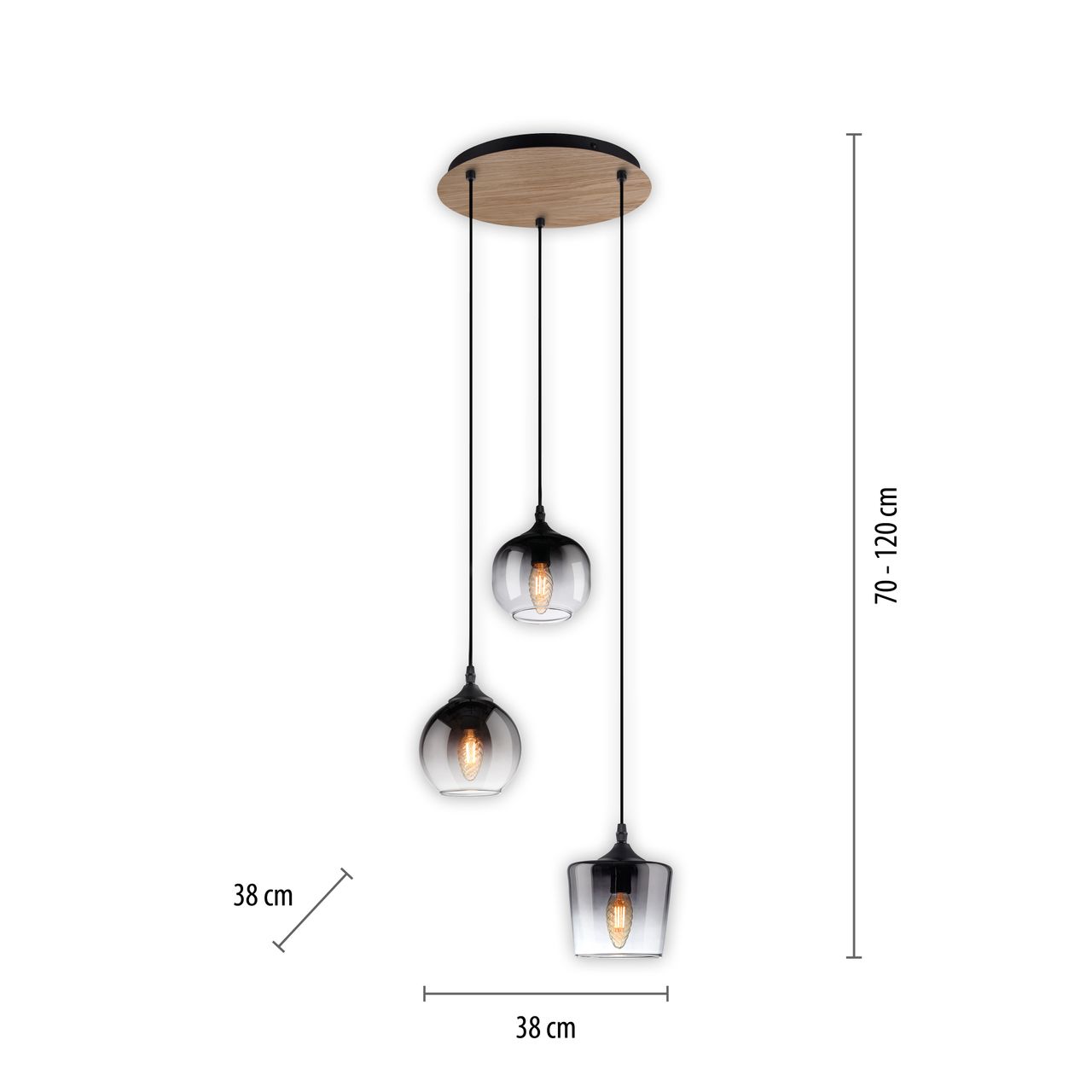JUST LIGHT Pendelleuchte GREEN ZEA, 3x E14/25 Watt max., rauchfarbene Gläser, Holz-natur