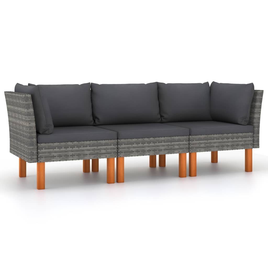 vidaXL Gartenlounge-Set 3-Sitzer-Gartensofa mit Kissen Grau Poly Rattan, (1-tlg)