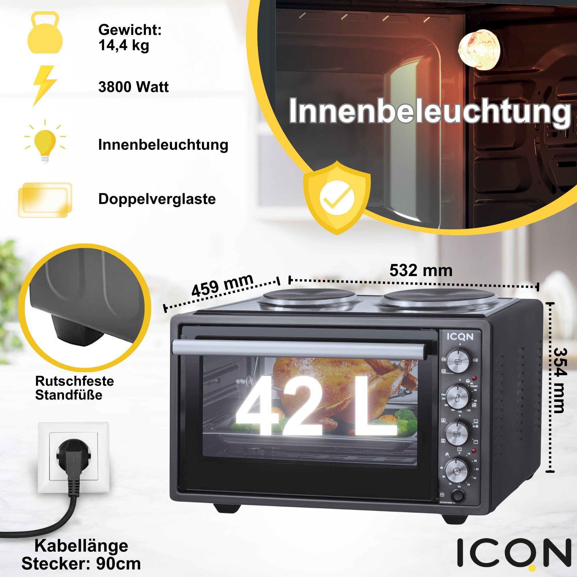 ICQN Minibackofen mit Kochplatten, 3800 W, inkl. Backblech Set, Emailliert, Umluft, Pizza-Ofen, Doppelverglasung, Drehspieß, Mini Ofen, 40°-230°C