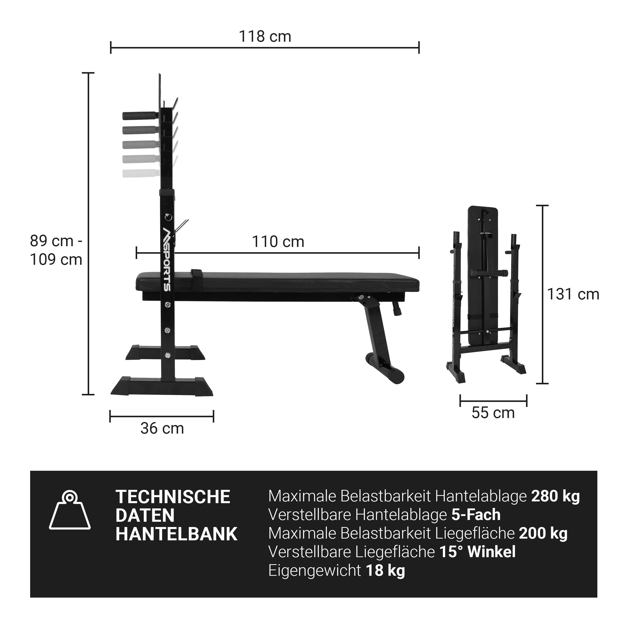 MSports® Hantelbank Hantelbank Multifunktion klappbar Langhantelstangen bis 200 kg