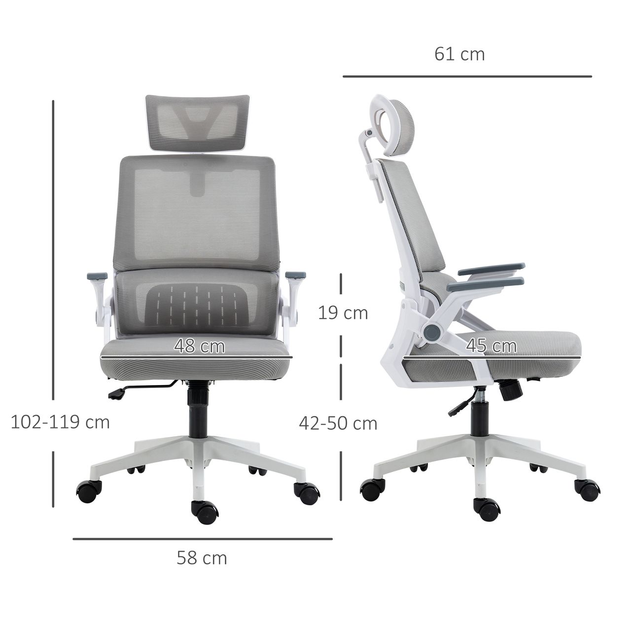 Vinsetto Bürostuhl Ergonomisch, Schreibtischstuhl mit Verstellbar Kopfstütze Mesh, Grau