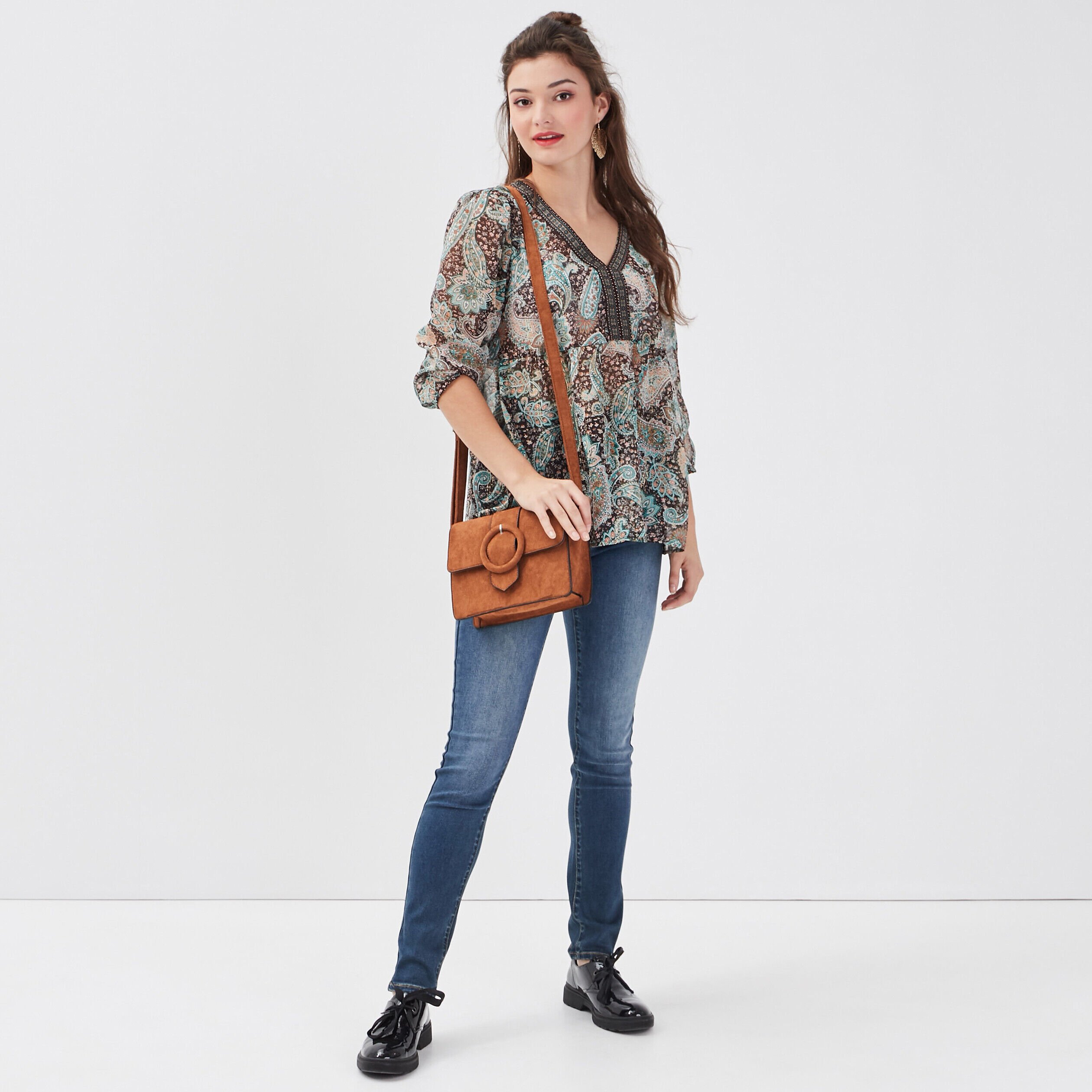 Blouse manches 3/4 marron foncé femme | Cache Cache