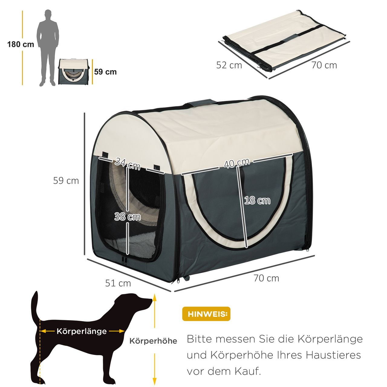 PawHut Hundebox Haustierrucksack mit Kissen faltbar Dunkelgrau 70 x 51 x 59 cm