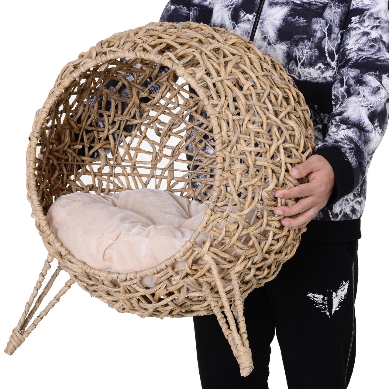PawHut Katzenhaus aus PE-Rattan mit Kissen Katzenschlafplatz Katzenhöhle Natur