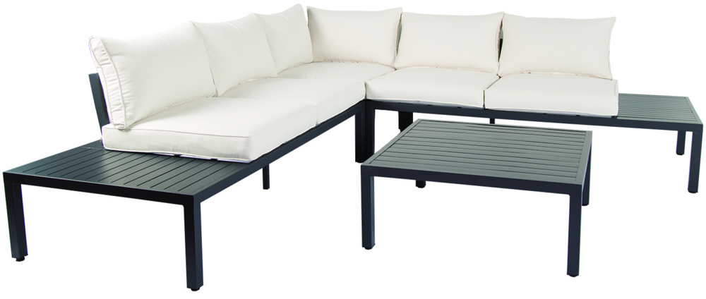 Never Indoor Aluminium Eckloungeset 14 tlg. mit Tischablage & Polsterkissen schwarz / creme