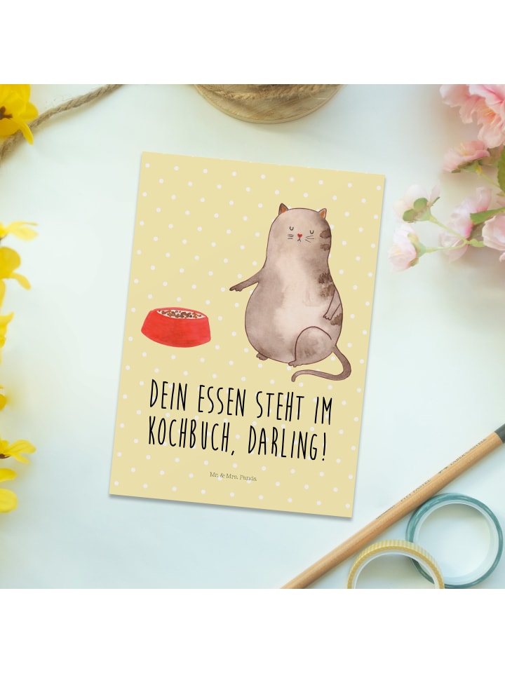 Mr. & Mrs. Panda Postkarte Katze Fressen mit Spruch in Gelb Pastell günstig kaufen onesize