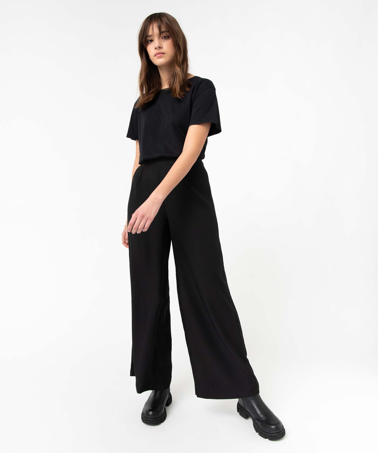 Pantalon femme coupe large avec bandes satinées sur les c... noir | GEMO