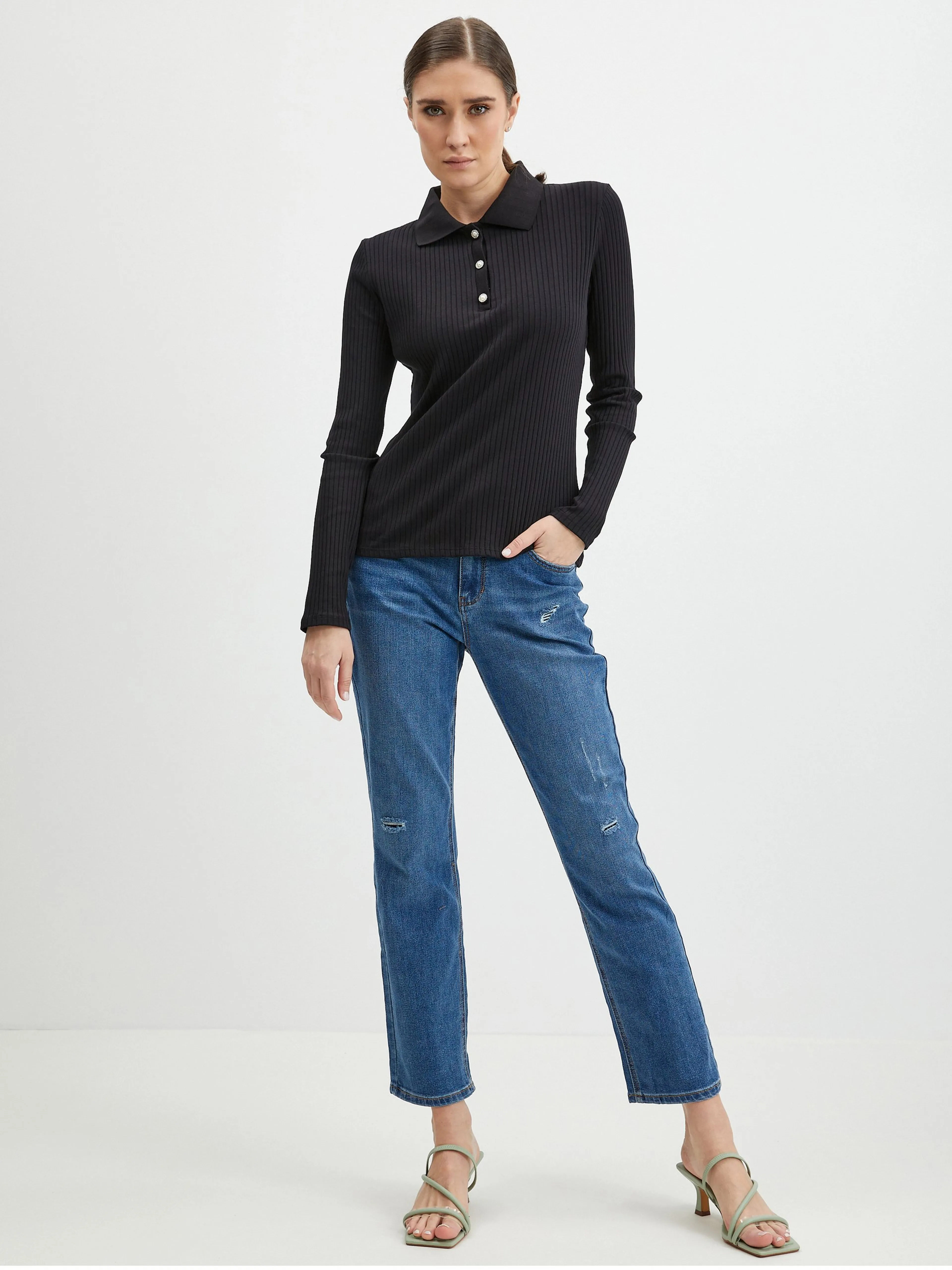 Schwarzes geripptes Damen Poloshirt ORSAY