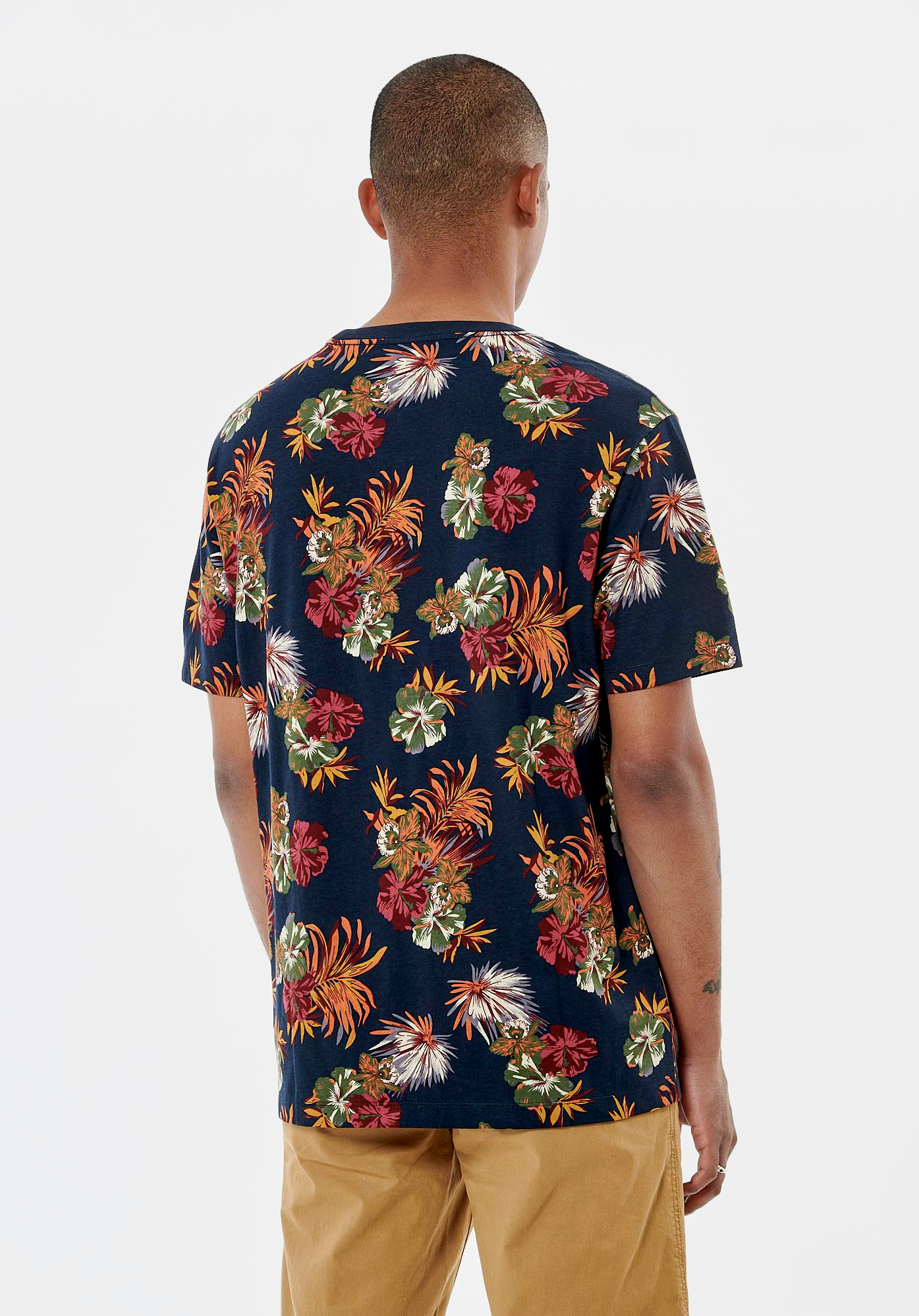 THIVU  T-shirt bleu marine fleuri homme 100% coton