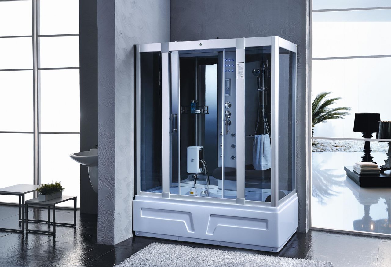 PureHaven 2in1 Whirlpool und Dampfdusche 150x90 cm mit Tropenbrause Multimediasystem Sitzfläche Massagefunktion Ozondesinfektion komplettes Zubehör