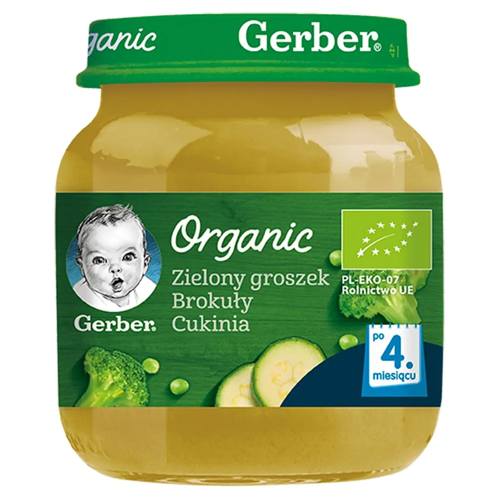 Gerber økologisk ærte-, broccoli- og zucchinimiddag efter 4 måneder