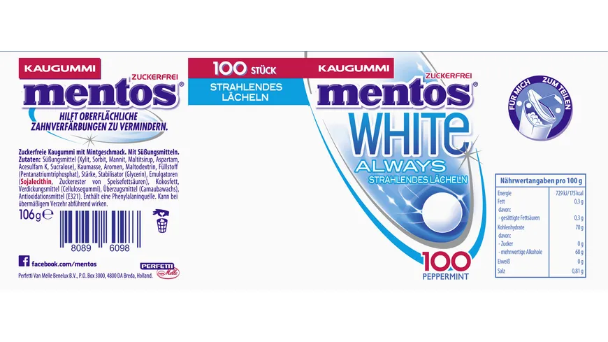 mentos Kaugummis White Always strahlendes Lächeln 106 g