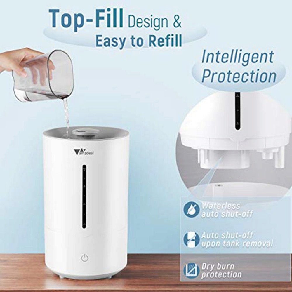 Amzdeal Luftbefeuchter HTJ-2195, 4,00 l Wassertank, ≤38dB Geräuschniveau, 3 stufiger elektrischer Raumbefeuchter