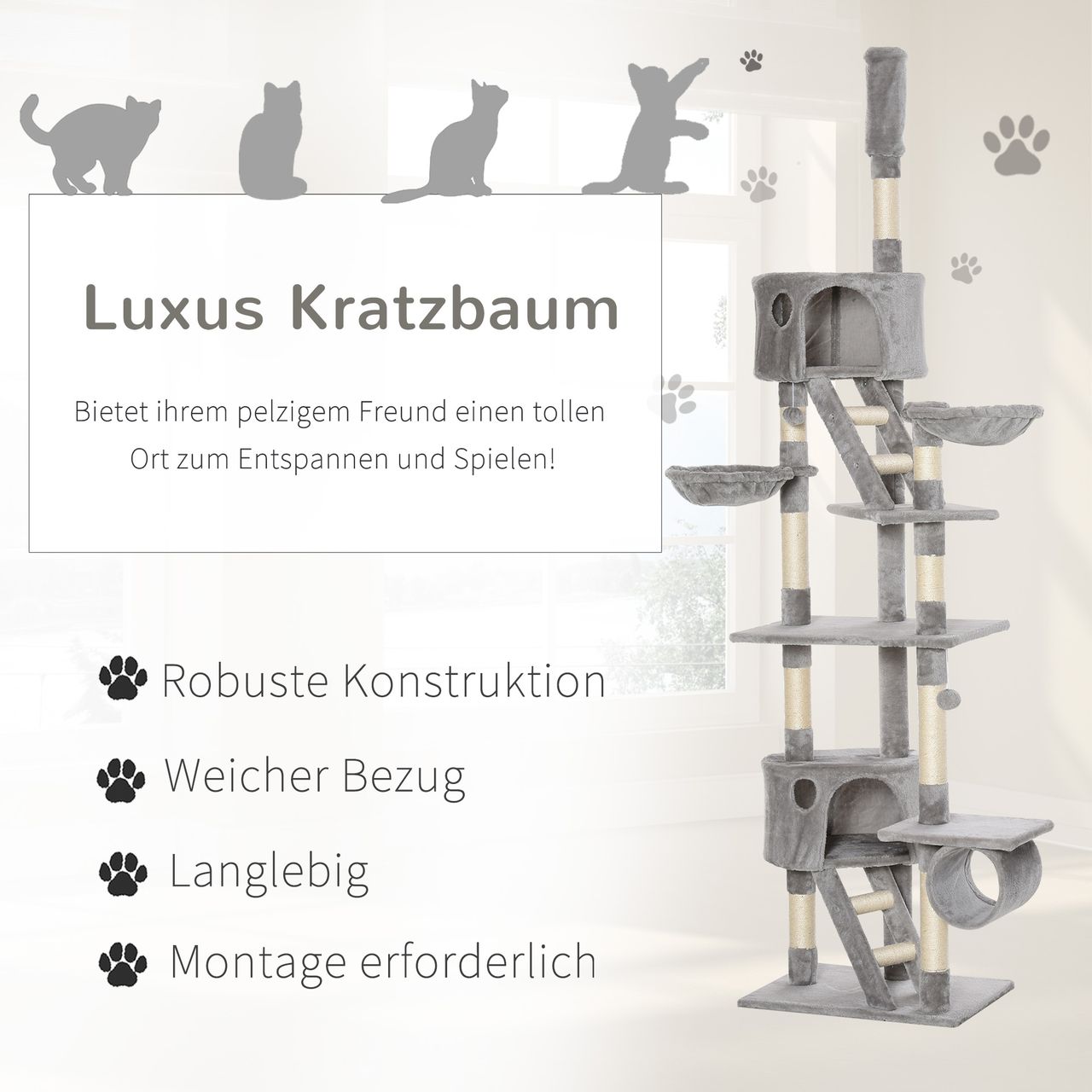 PawHut Katzenbaum Kratzbaum Kletterbaum deckenhoch verstellbar Hellgrau