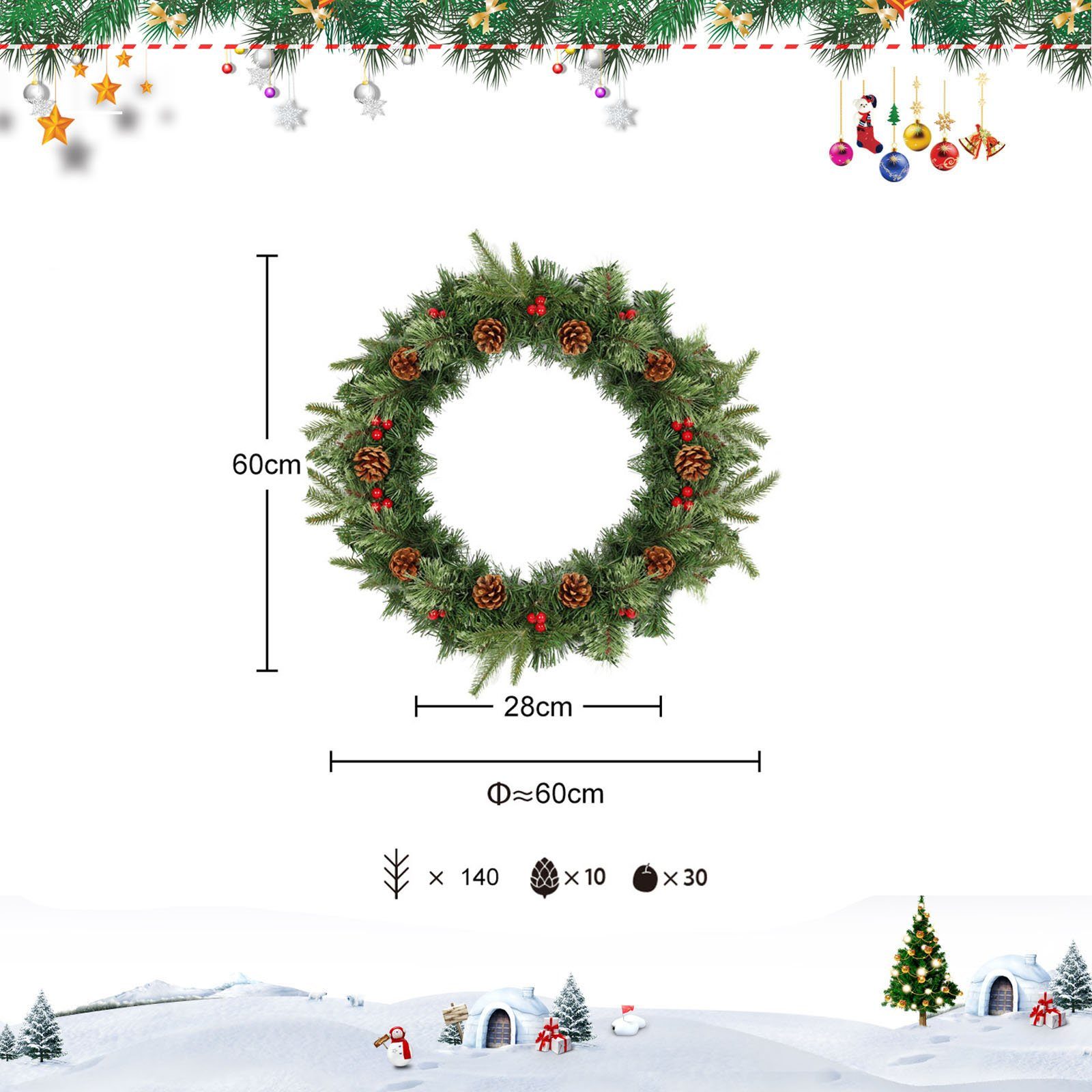 Salcar Adventskranz Ø60cm Kunstkranz Weihnachten Weihnachtskranz Dekokranz Türkranz Deko, Mit 140 Tannenspitzen, 10 Tannenzapfen und 30 Rote Beeren