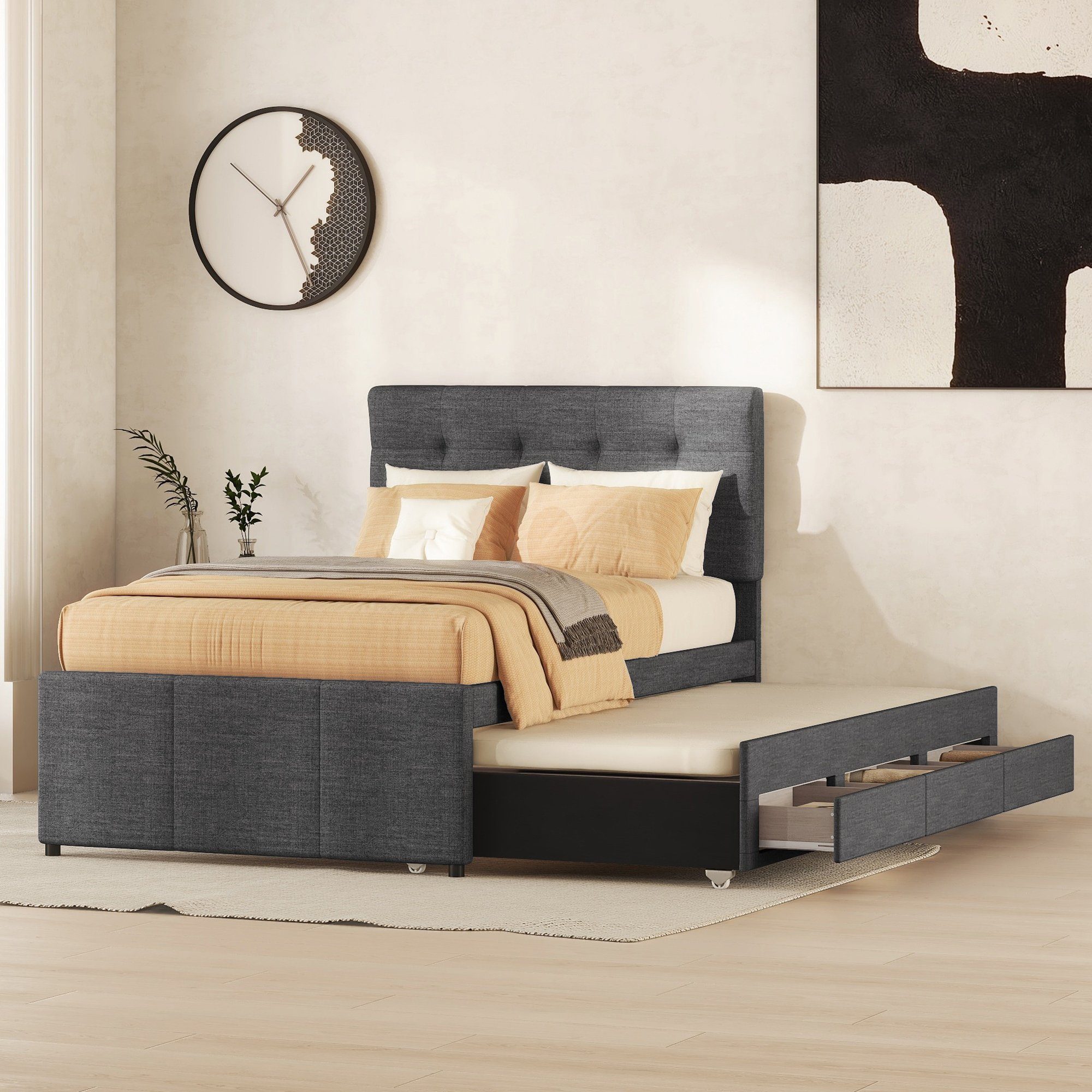 Ulife Polsterbett Doppelbett ausziehbares Bett Familienbett, Verstellbares Kopfteil, mit drei Schubladen, 90 x 200 cm