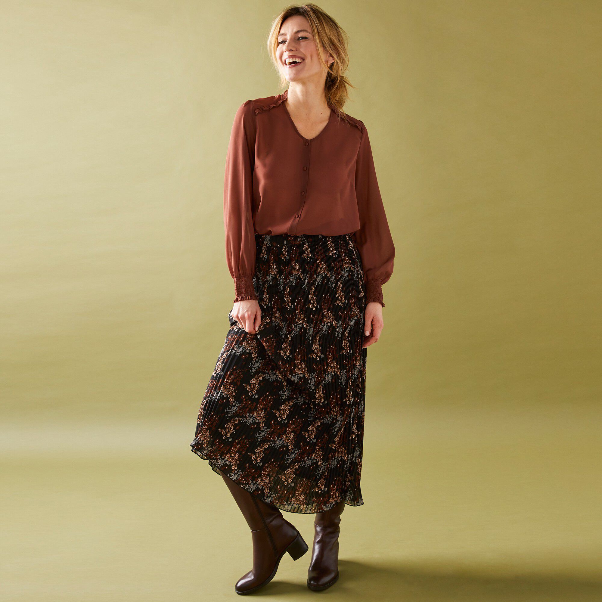 Jupe grande stature voile plissé imprimé fleuri, polyester recyclé(1)